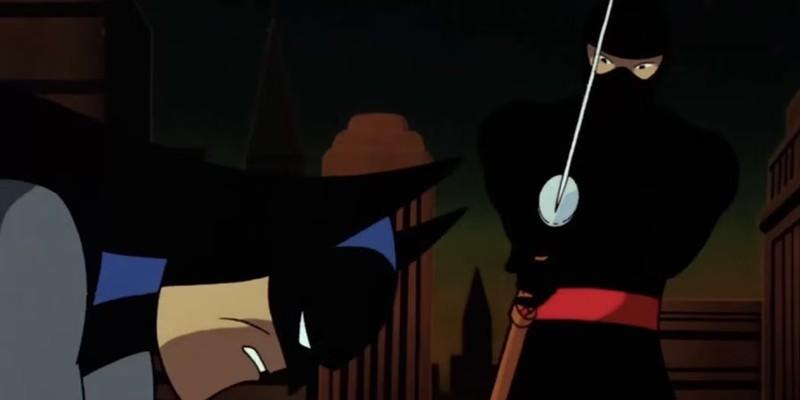 یک نینجا با شمشیری بالای سر بتمن در Batman the animated series Night Of The Ninja - یکی از قسمت های ضعیف
