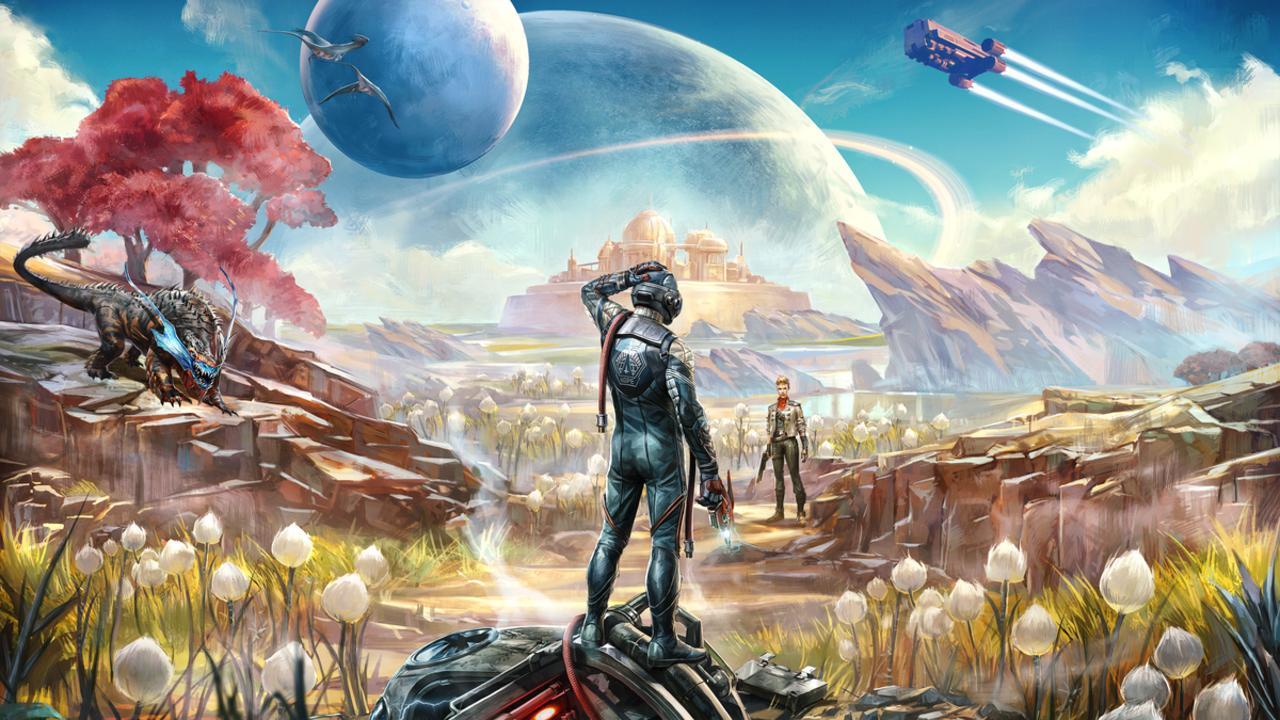 کاور آرت The Outer Worlds از دو نفر با لباس فضایی که روی یک سیاره بیگانه سنگی ایستاده اند و پیازهای گل سفید از زیر علف ها بیرون زده اند. یک ارگ در پس زمینه قرار دارد. بهترین بازی های علمی تخیلی.