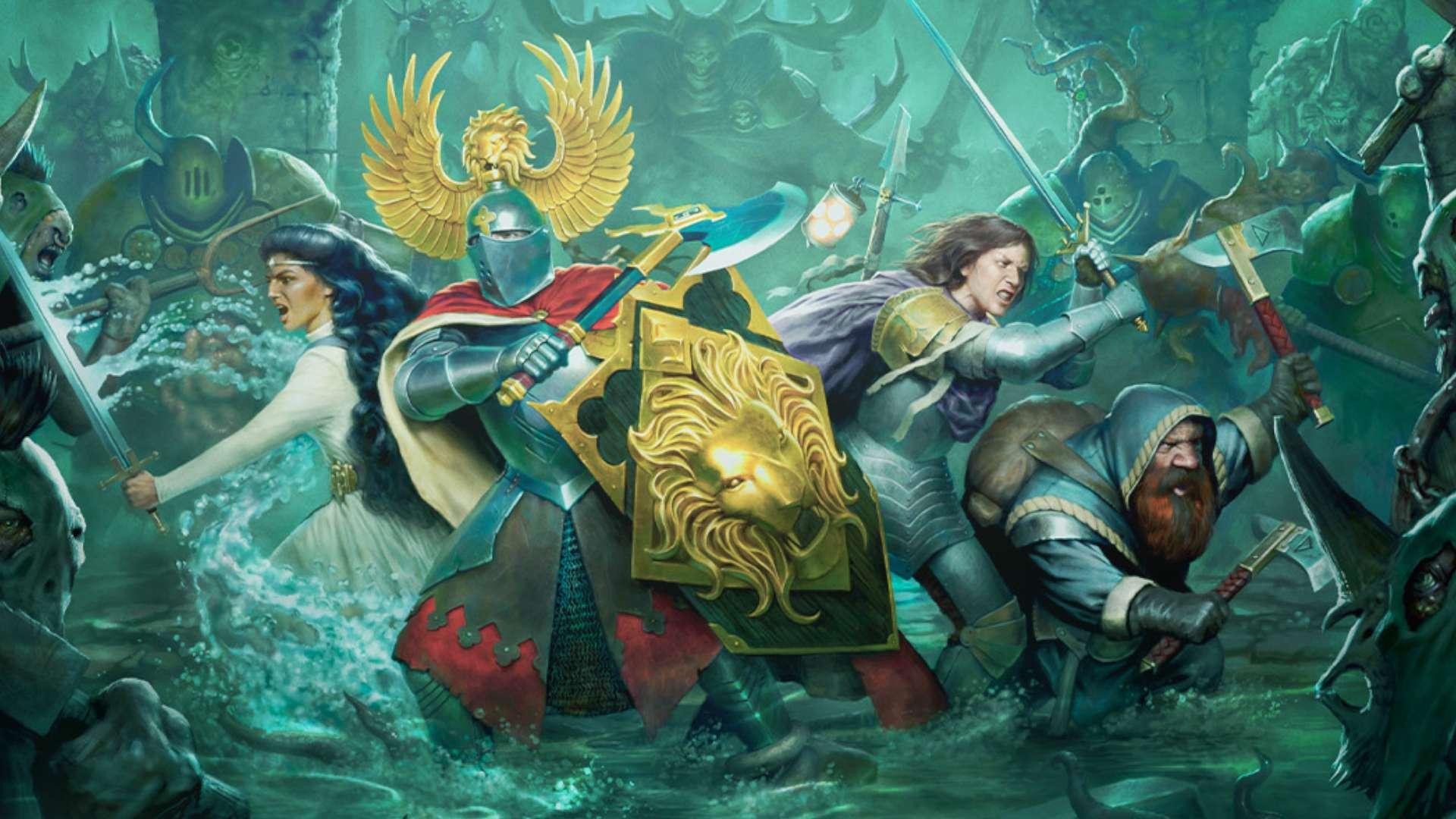 قهرمانان بازی رومیزی Warhammer Quest: Darkwater (دو شوالیه، یک جادوگر و یک کوتوله) در یک سیاهچال آب گرفته در برابر جنگجویان نرگل و بیست من ها نبرد می کنند