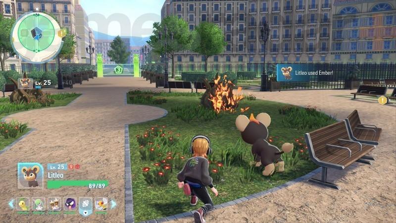 یک لیتلئو در حال سوزاندن بوته های خاردار در Pokemon Legends: Z-A با استفاده از حمله Ember برای عبور از موانع Pokemon Legends: Z-A.