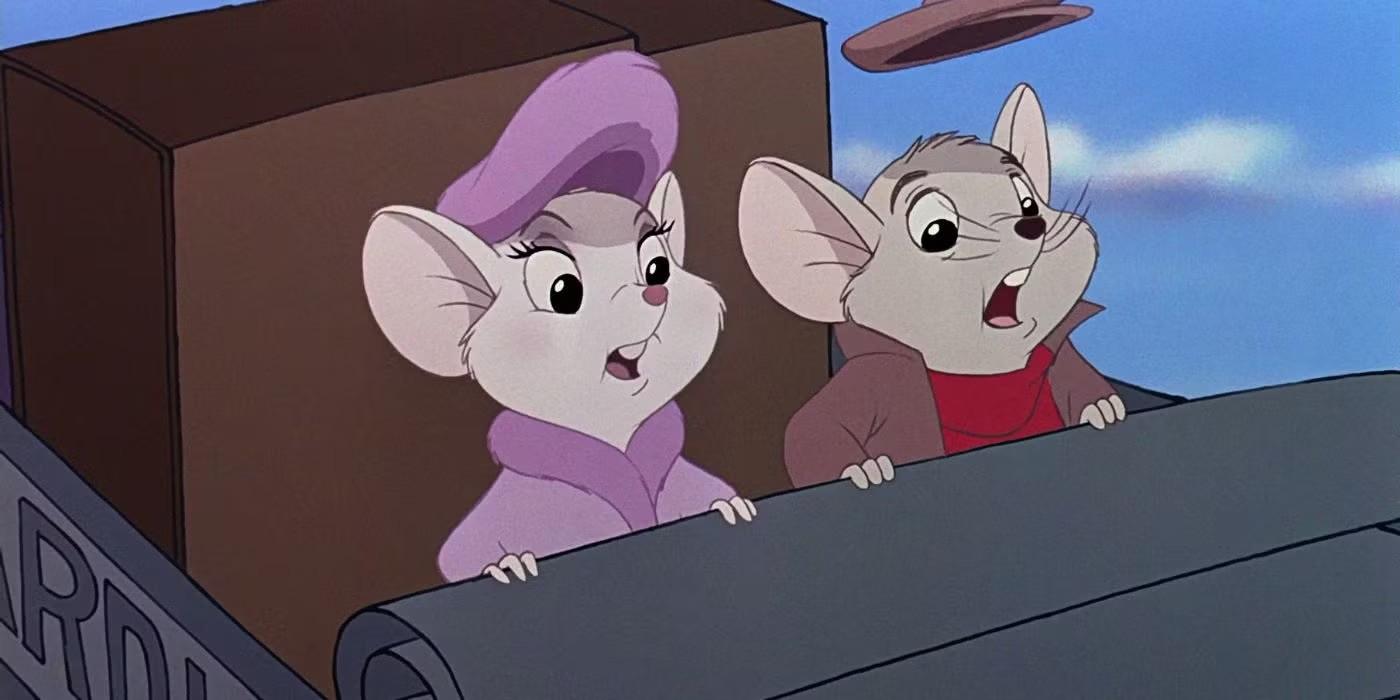 Bernard and Miss Bianca riding in a vehicle from The Rescuers Down Under, یکی از برترین فیلم های دیزنی دهه نود