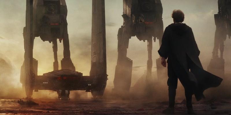Luke Skywalker (Mark Hamill) stands against a group of First Order AT-M6s and Kylo Ren (Adam Driver)'s personal upsilon-class command shuttle at the Battle of Crait in Star Wars: The Last Jedi - قدرت های نادیده گرفته شده Star Wars