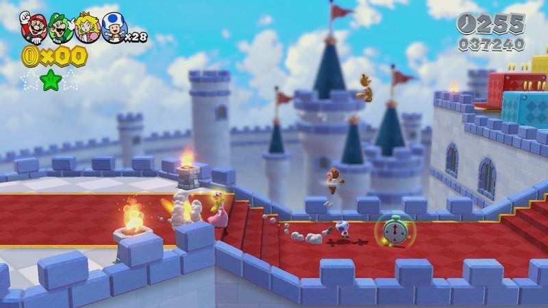 Princess Peach, Mario, Luigi and Toad running along a castle wall in Super Mario 3D Land, از بهترین بازی های Nintendo 3DS.
