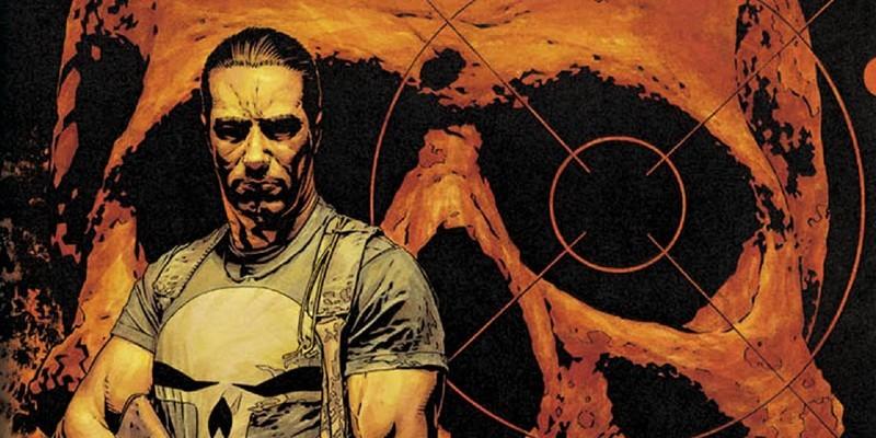 Punisher: تاریک ترین قتل - The Punisher جلوی یک جمجمه قرمز با هدف گیر در کاسه چشم آن ایستاده است