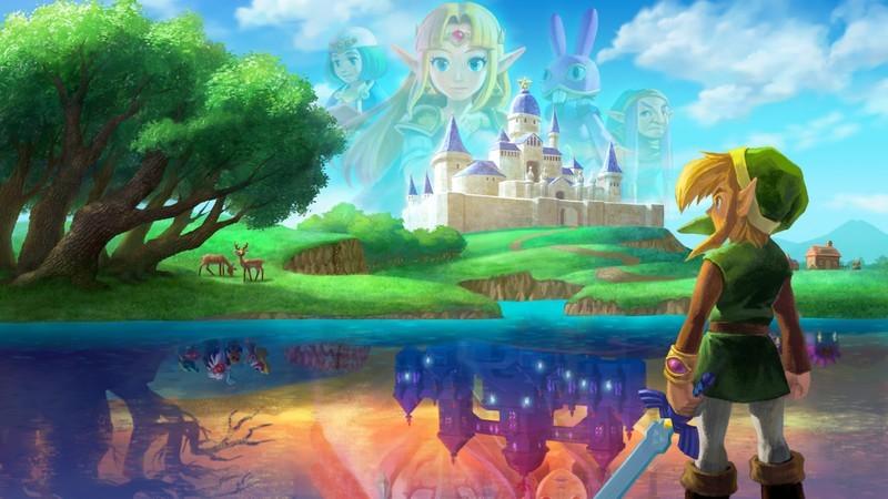 Link looking out towards a castle in Hyrule with Zelda's ghost in the sky during The Legend of Zelda: A Link Between Worlds, از بهترین بازی های Nintendo 3DS.