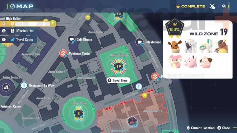 محل های Eevee در Pokemon Legends: Z-A: اسکرین شات نقشه منطقه Wild Zone 19.