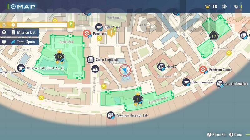 محل های Eevee در Pokemon Legends: Z-A: اسکرین شات نقشه مکان ایوی (Eevee) در Vert Sector 9.