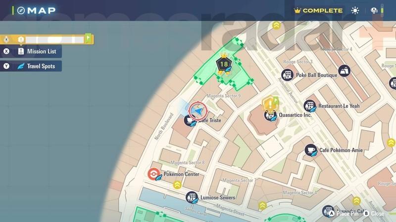 محل های Eevee در Pokemon Legends: Z-A: اسکرین شات نقشه مکان ایوی (Eevee) در Magenta Sector 9.