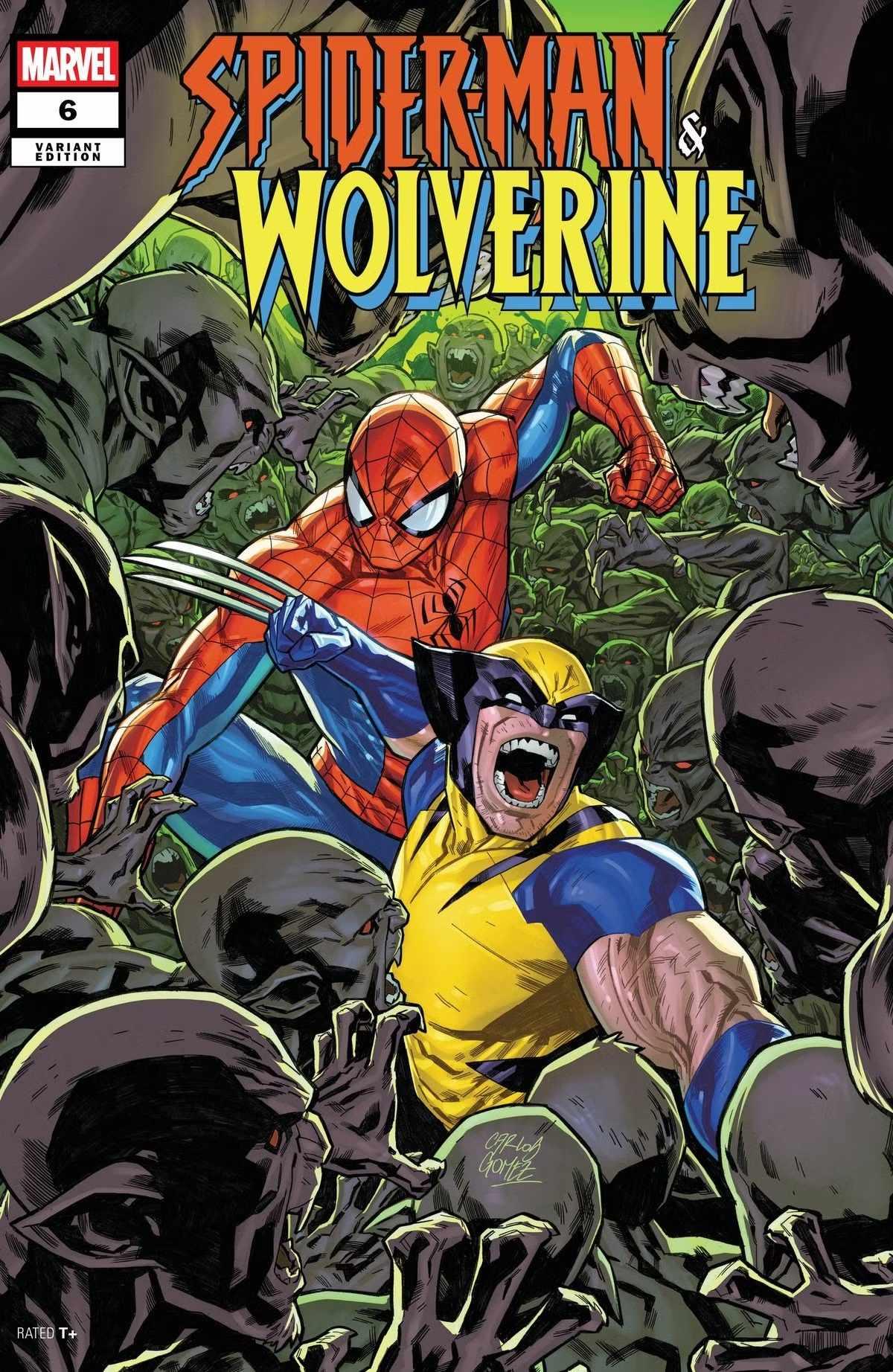 تصویری از نبرد پیتر پارکر و لوگان با ارتشی از موجودات موذی روی جلد Spider-Man and Wolverine #6 که به مرگ Spider-Man و Wolverine اشاره دارد.