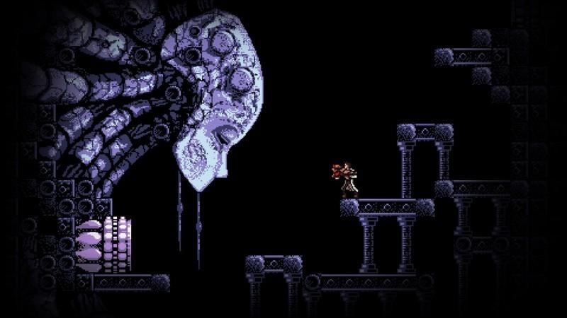 A screenshot of the iconic human-headed machine in Axiom Verge, یکی از بهترین بازی های Metroidvania.