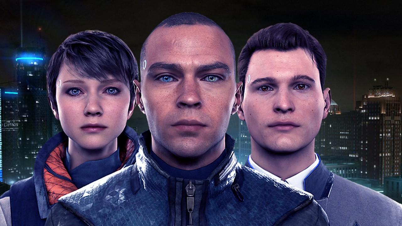 اسکرین شات Detroit: Become Human از سه شخصیت اصلی که در پس زمینه یک منظره شهری ایستاده اند. بهترین بازی های علمی تخیلی.