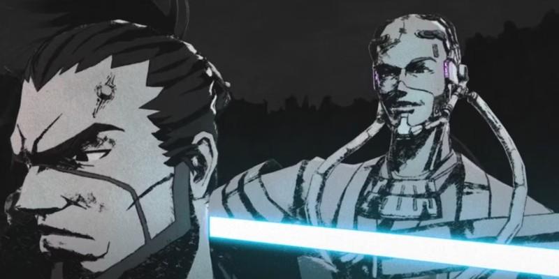 استاد بزرگ جدای در حال طعنه زدن به رونین در Star Wars Visions Vol. 3 The Duel Payback