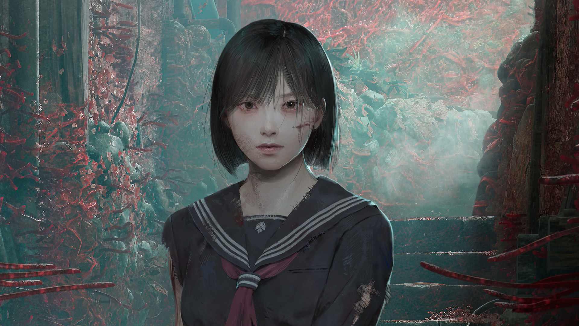 تصویر کلیدی Silent Hill f روایت زنانه، هیناکو شیمیزو را در کوچه ای از ابیسوگائوکا، یک شهر روستایی ژاپنی در دهه 1960، نشان می دهد که توسط رشد های قرمز رنگ، از جمله لیلی های عنکبوتی، فرا گرفته شده است.