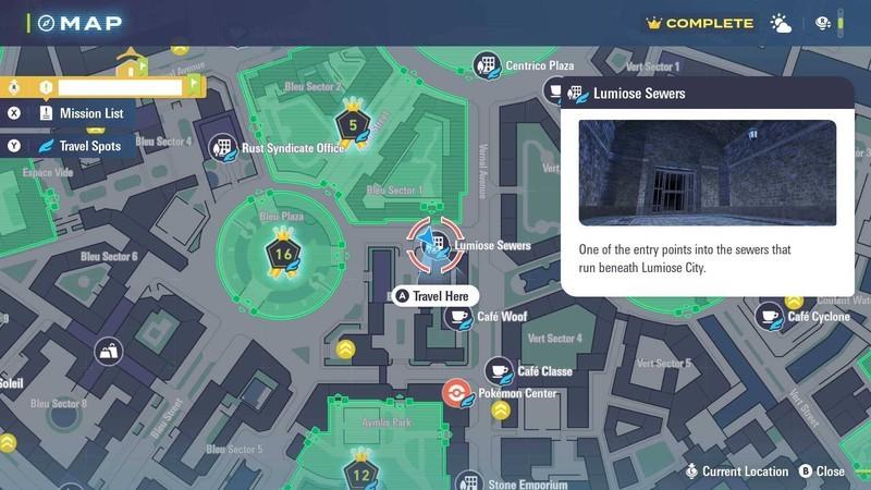 نقشه کامل Pokemon Legends: Z-A: اسکرین شاتی از فاضلاب های Lumiose در Bleu Sector 3.