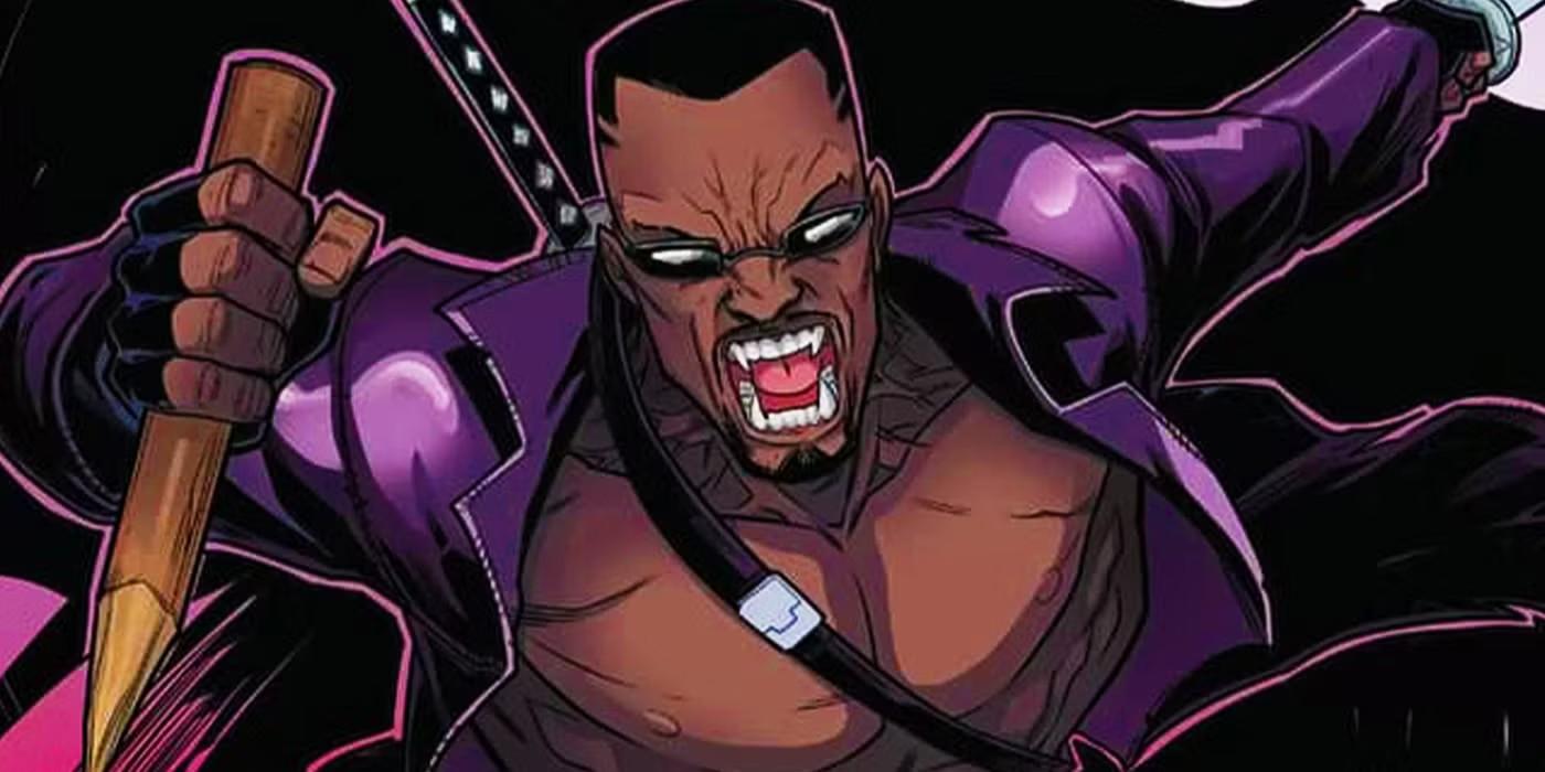 تحول شخصیت های Marvel: Blade with a wooden stake, jumping into action and baring his vampire fangs in Marvel comics