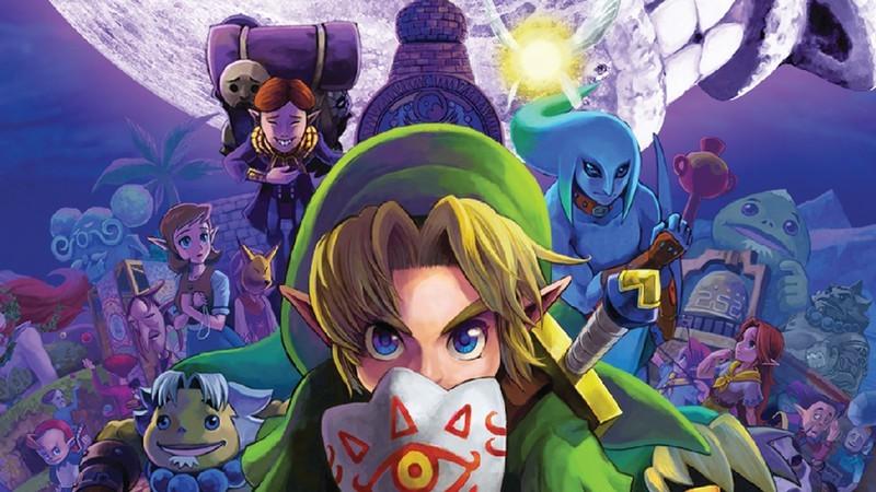 Link standing in front of several Nintendo characters in The Legend of Zelda: Majora's Mask 3D, از بهترین بازی های Nintendo 3DS.