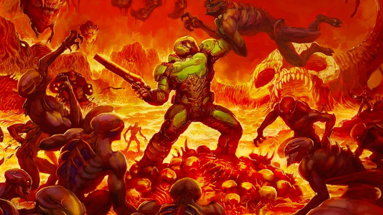 هنر مفهومی Doom از Doomguy که توسط دشمنان در یک محیط جهنمی و آتشین احاطه شده است. بهترین بازی های علمی تخیلی.