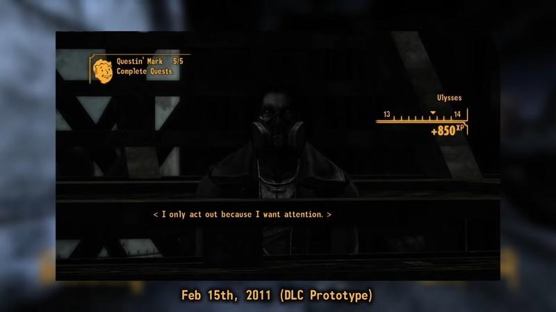 اسکرین شات بتا Fallout: New Vegas نسخه های اولیه از یولیسیس که می گه "من فقط برای جلب توجه این کارا رو می کنم."