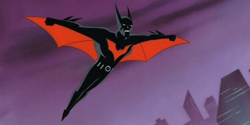 تری مک گینس در حال پرواز در آسمان گاتهام نئونی در Batman Beyond، بهترین سریال شبیه Batman: The Animated Series