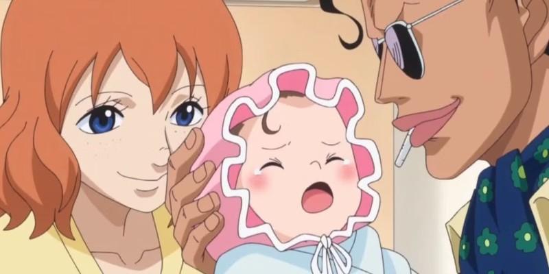 سِنیور پینک با همسر و پسر نوزادش در یکی از فلش بک های تاثیرگذار One Piece.