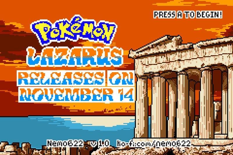تصویری پیکسلی از غروب آفتاب روی آب با یک معبد یونانی در پیش زمینه. متن می خواند "Pokemon Lazarus جدید در 14 نوامبر منتشر می شود."
