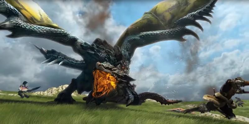 یک Azure Rathalos که یک Great Jaggi را زمین گیر کرده و در حال مبارزه با چندین شکارچی در Monster Hunter 3 Ultimate است؛ بخشی از همکاری Magic: The Gathering Monster Hunter.