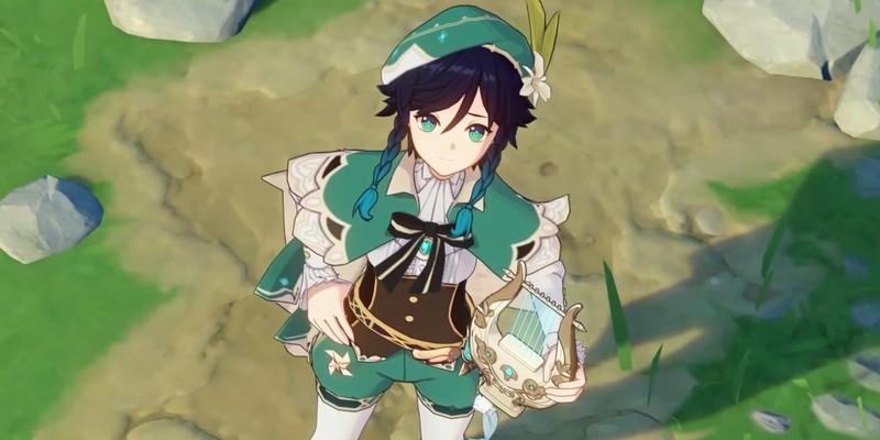 Venti قوی تر شدن Genshin Impact - ونتی در حالی که چنگ خود را در دست دارد، به آسمان نگاه می کند.