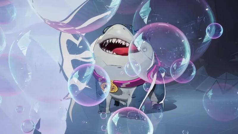 سگ گیمر Marvel Rivals با جف د لند شارک (Jeff the Land Shark) با حباب هایی جلوی خودش.