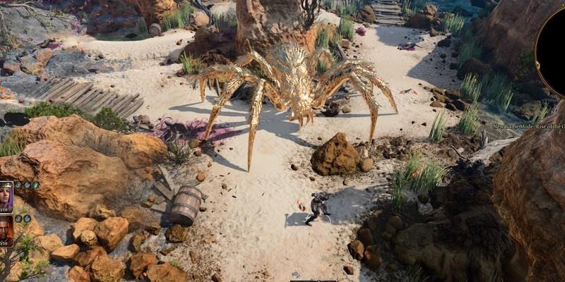 بازیکن Baldur's Gate 3 در حال مبارزه با یک عنکبوت طلایی غول پیکر.