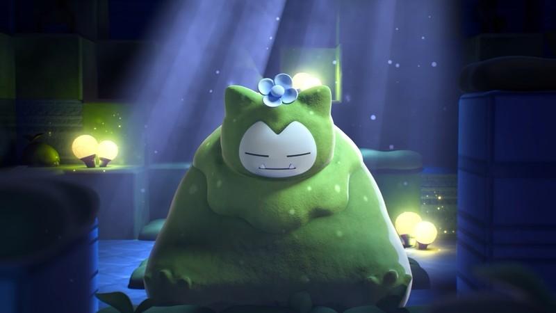 گیم پلی Pokemon Pokopia: A Snorlax covered in moss sits in a dark room with moonlight streaming in from above. A screenshot from Pokopia.