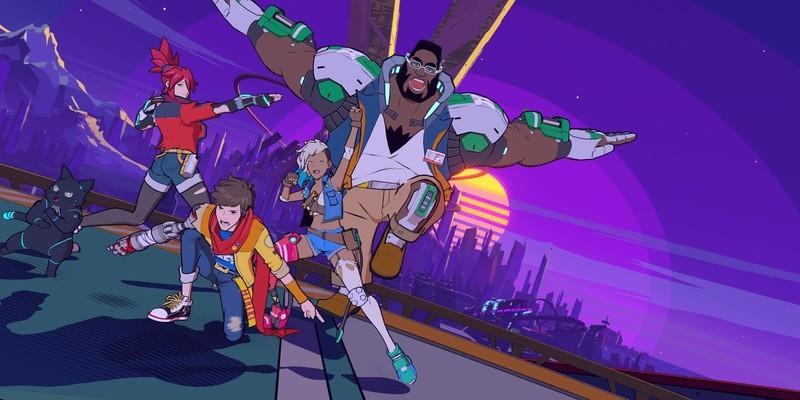 چای، پپرمینت، ماکارون، کورسیکا و 808 در مقابل یک شهر با سبک outrun در Hi-Fi Rush در گیم پس ژست گرفته اند.