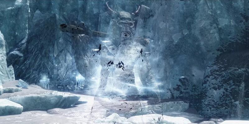 تصویری از Karstaag، باس مخفی Skyrim، چماقش رو روی شونه اش توی یه غار یخی نگه داشته.