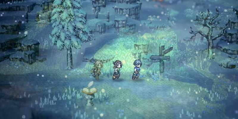 Octopath Traveler 0 معرفی کامل: شخصیت اصلی سفارشی در حال راه رفتن در برف به همراه شخصیت های گروه.