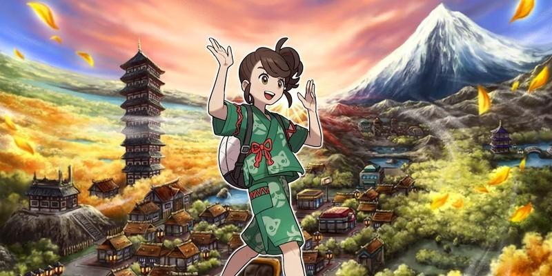 جولیانا (Juliana) از بازی Pokémon Scarlet and Violet با لباس DLC Teal Mask خودش جلوی تصویری از شهر Ecruteak در جوتو (Johto)، مکان احتمالی برای Pokémon Legends بعدی Johto.