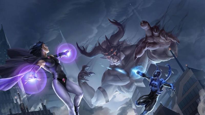 ریون و بلو بیتل در حال مبارزه با تریگون، یکی از شرورهای بزرگ DCU در Justice League vs. Teen Titans (2016)