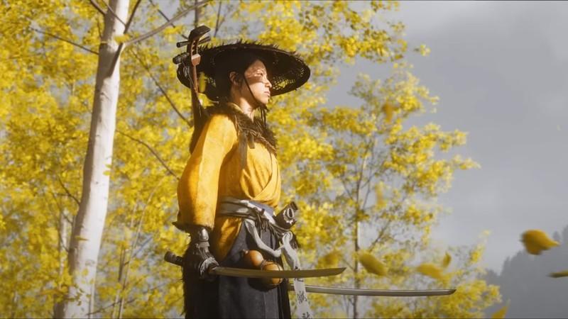 فروش Ghost of Yotei: آتسو با دو کاتانا به دوردست می نگرد.