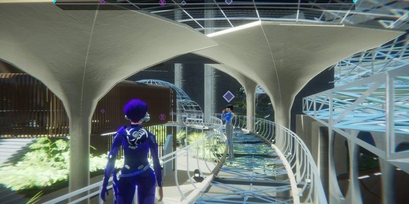 شخصیت اصلی در بازی 1000xResist در Game Pass در حال راه رفتن در راهرویی با ستون های غول پیکر در دو طرف.