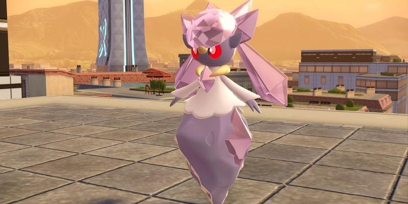 آموزش گرفتن Mega Diancie: Diancie روی پشت بامی در Lumiose City در Pokemon Legends Z-A شناور است.