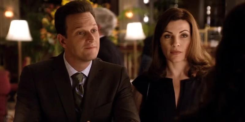 Will and Alicia sitting together and looking serious on The Good Wife, یکی از بهترین زوج های سریال درام