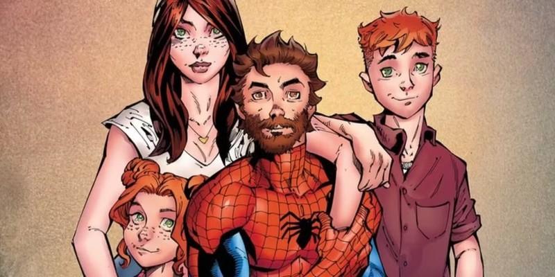تصویری از پیتر پارکر (Spider-Man) با همسر و فرزندانش، نمادی از ازدواج Spider-Man Mary Jane
