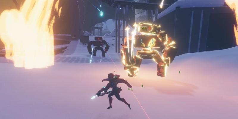 هانترس در منطقه برفی روبروی دو گولم سنگی در Risk of Rain 2. راهنمای باز کردن شخصیت های Risk of Rain 2.