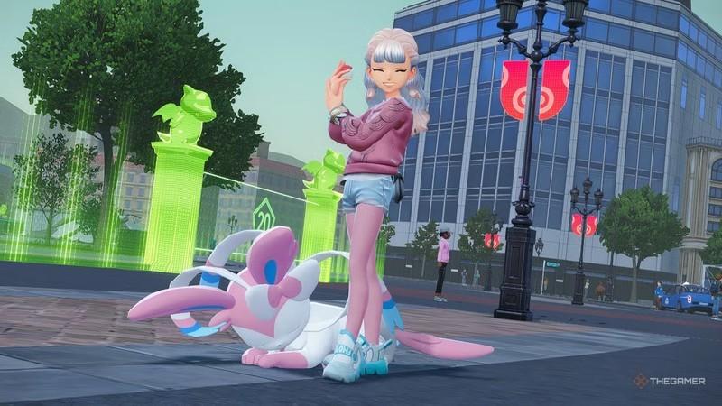 مربی کنار Sylveon خوابیده در بازی Pokemon Legends: Z-A با ست لباس Pokemon Legends: Z-A ژست گرفته است.