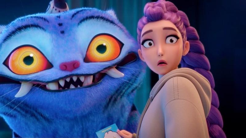 Rumi and the blue tiger looking surprised in KPop Demon Hunters رکورد نتفلیکس