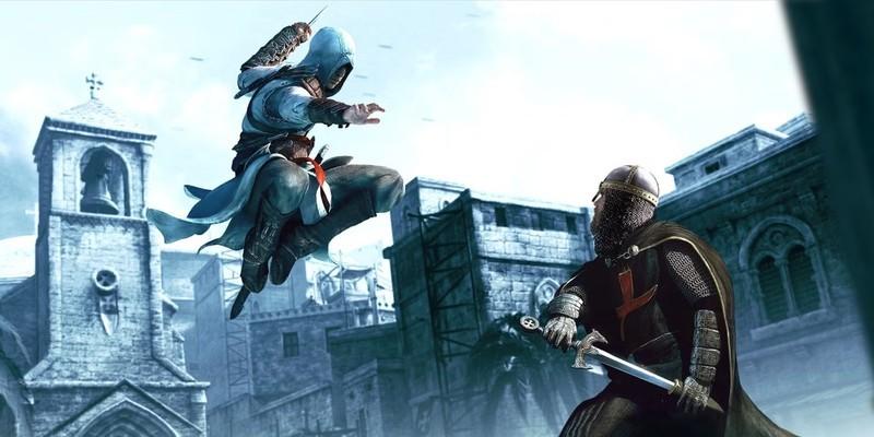 اخبار سریال Assassin's Creed نتفلیکس: شخصیت اصلی Assassin's Creed، الطائر، با خنجر مخفی بیرون کشیده به سمت یک شوالیه تمپلار می پرد.