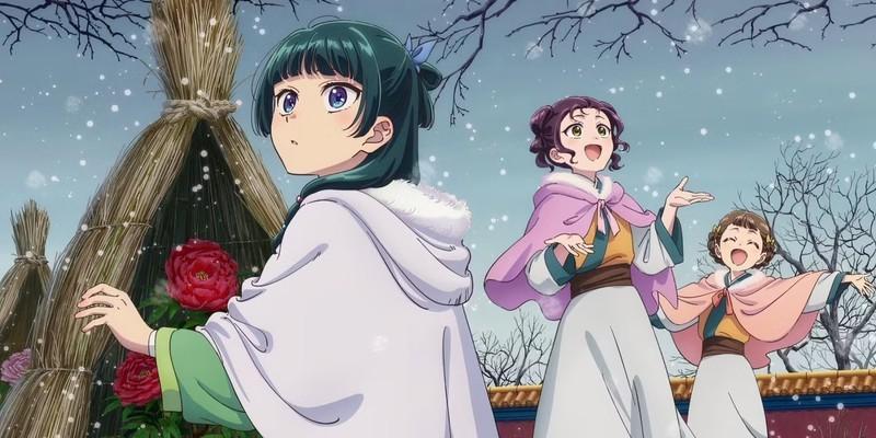 تصویر ویژه انیمه The Apothecary Diaries - پوستر تبلیغاتی اصلی The Apothecary Diaries با مائومائو، شیولان و لولان شیسوی در برف کریسمس زمستانی و تاثیر Demon Slayer: Infinity Castle بر انیمه