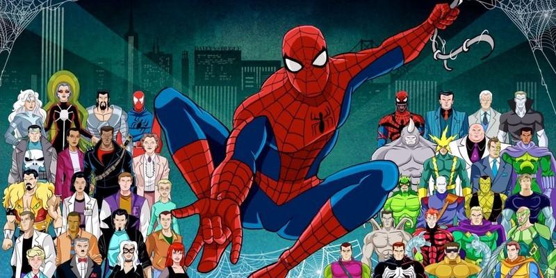 اسپایدرمن در مقابل گالری دشمنانش در Spider-Man: The Animated Series به سمت دوربین تاب می خورد، سریال ابرقهرمانی شاهکار از قسمت اول