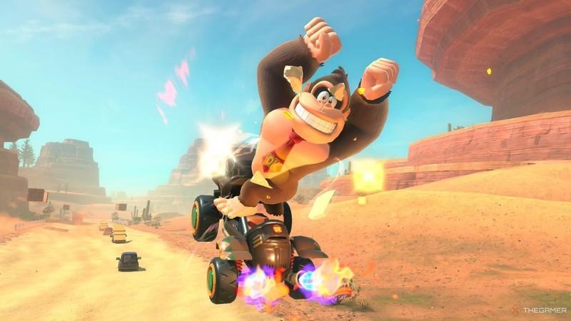 دانکی کونگ در حال ژست گرفتن در Mario Kart World، از بهترین بازی های 2025.