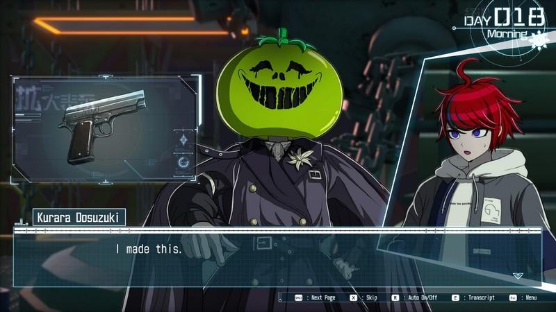 کورارا در حالی که می گوید «من این را ساختم» می خندد، صفحه نمایش تصویری از یک کلت را نشان می دهد و تاکومی با تعجب نگاه می کند در بازی پایان های بی شمار The Hundred Line