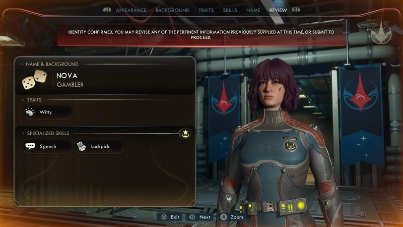 اسکرین شات بازی Outer Worlds 2 قبل از بازی از بخش ساخت شخصیت که خلاصه ای از قهرمان شخصی سازی  شده با پس زمینه Gambler، ویژگی Witty و مهارت های Speech و Lockpick رو نشون می ده