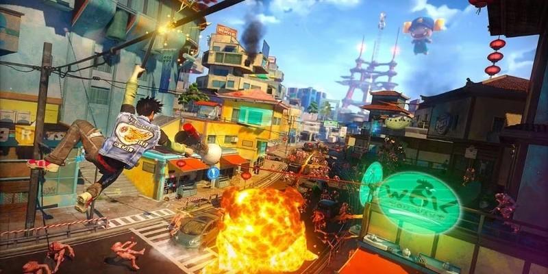 شخصیت اصلی روی ریل حرکت می کند و به عفونی ها در Sunset overdrive شلیک می کند. بازی های جهان آزاد Xbox Game Pass.